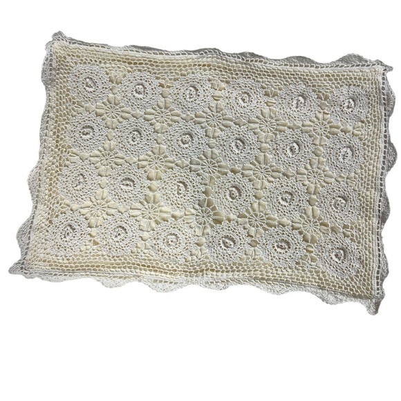 Vtg Crochet Linen Lace Standard Pillow Sham Beige Tan Shabby Cottagecore Chic - Picture 9 of 10